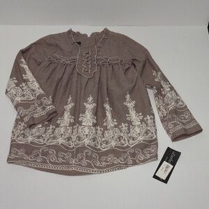 Isobella & Chloe Gracie Taupe Top Girls Sz 10 Brown Blouse with White Embroidery